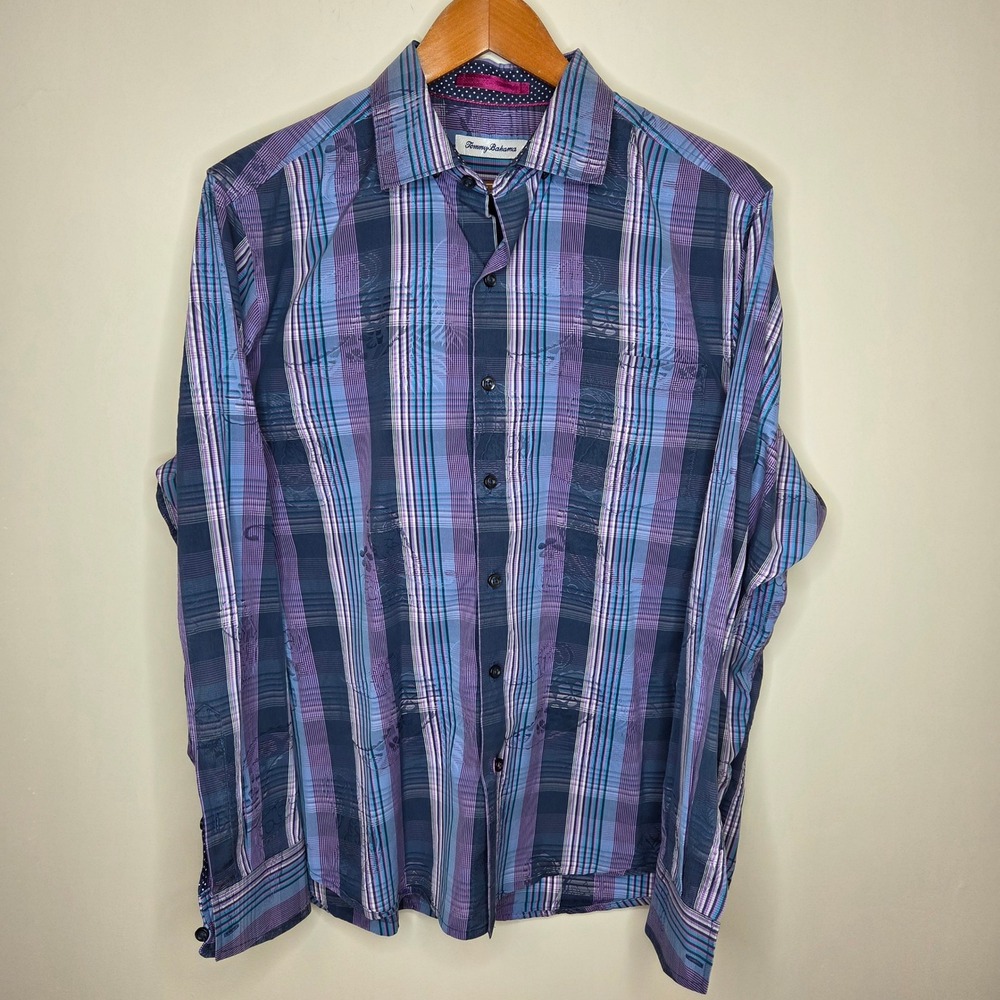 Tommy Bahama Mens Purple Teal Plaid Silk Cotton Jacquard Long Sleeve Shirt M